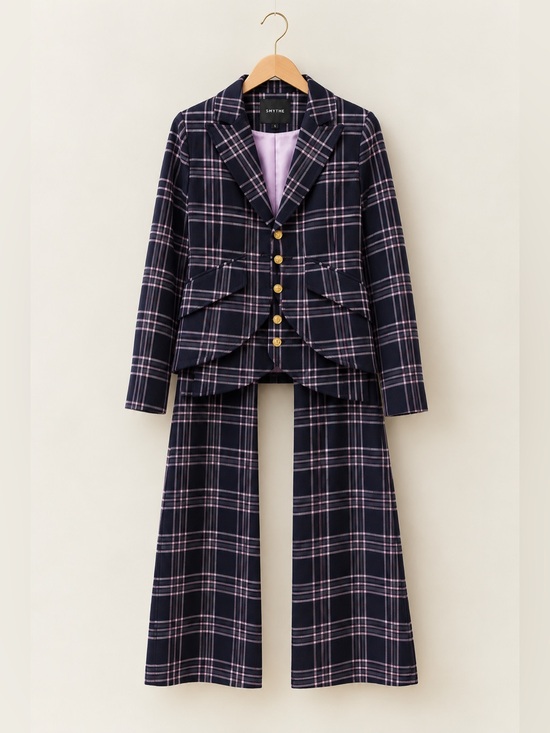 Smythe Pants - Smythe Duchess Blazer in Navy Plaid Three-Piece Suit Blue & Lavender Size 2/4